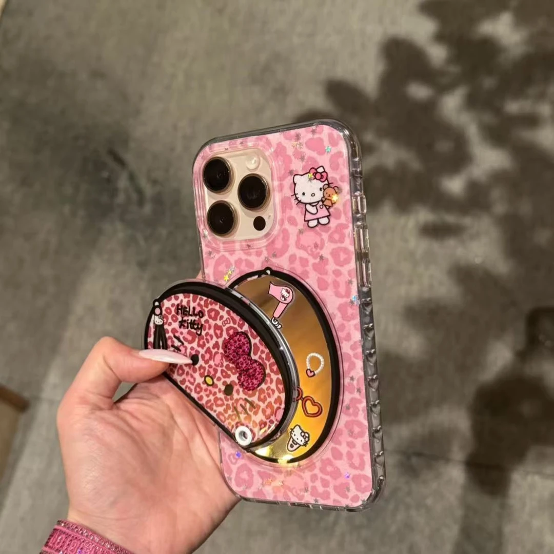 推拉补妆镜豹纹Kitty适用iPhone16promax手机壳苹果15创意14/13