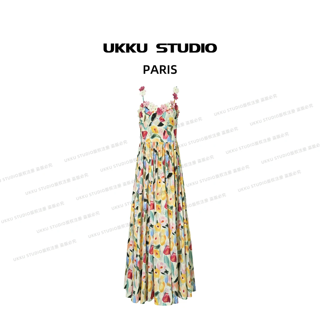 牛【UKKU STUDIO】【繁花】显瘦气质收腰夏季吊带连衣裙914061