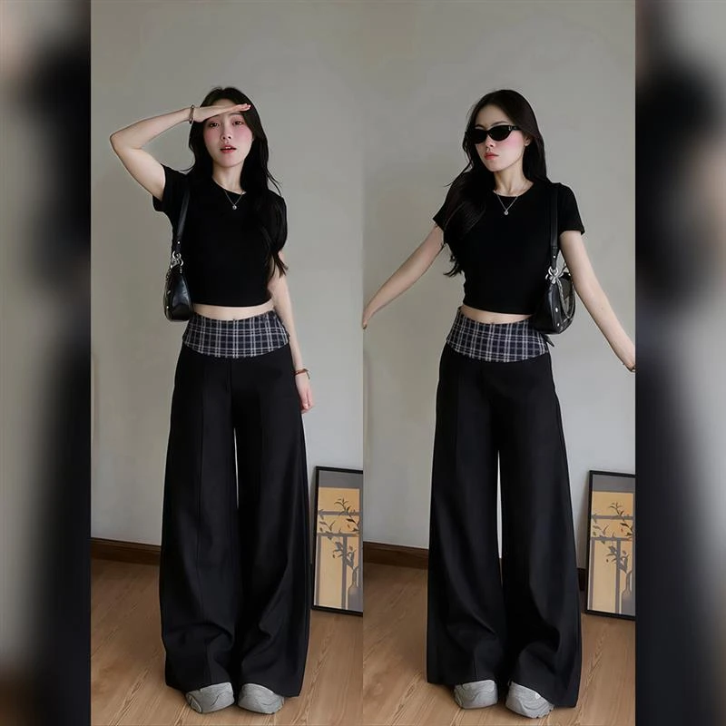 拼色格子高腰垂直坠感黑色休闲裤子女2025新款爆款春季阔腿西装裤