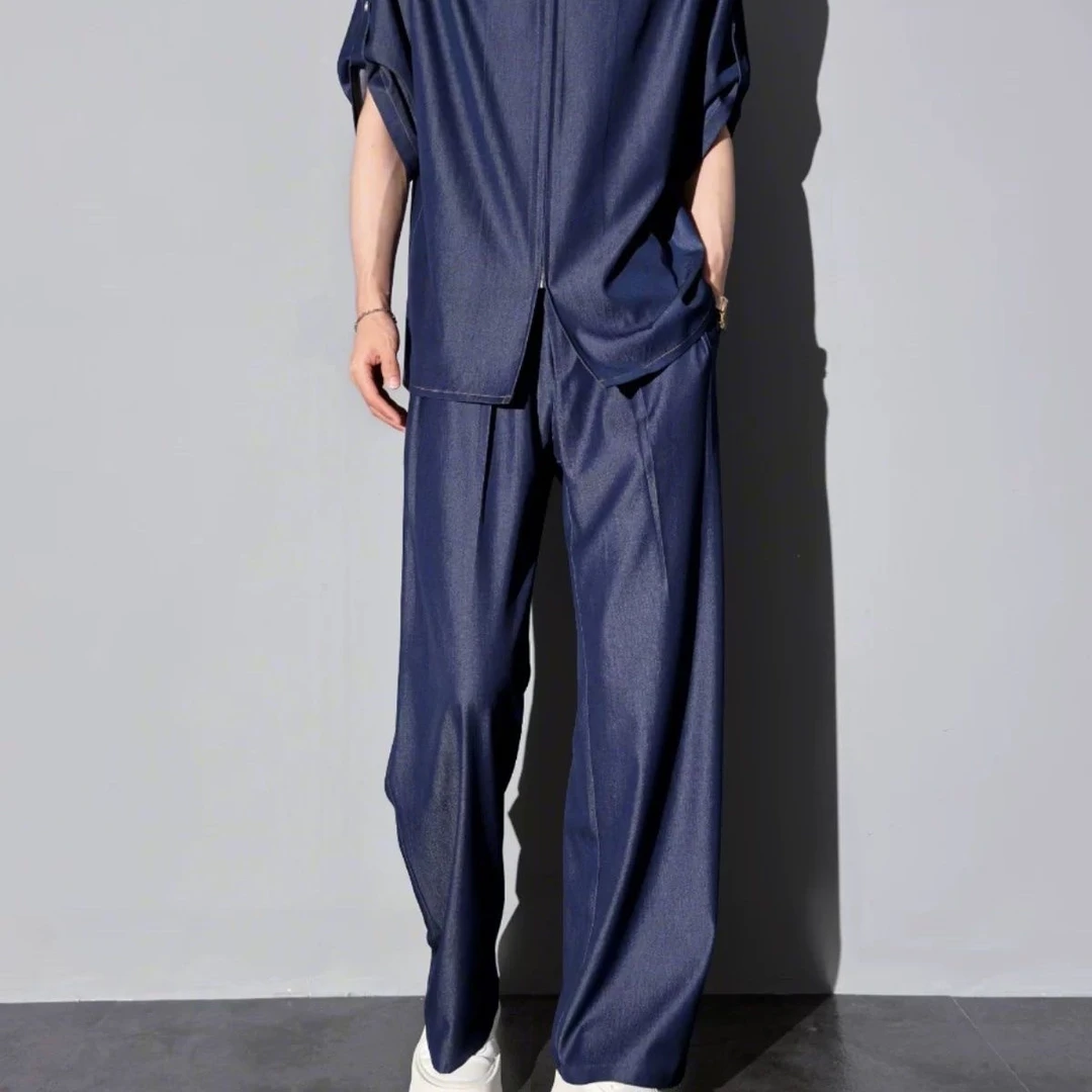 莱德一轩轩轩HLDS同款夏季透气无痕男冰丝短袖套装牛仔衬衫两件套