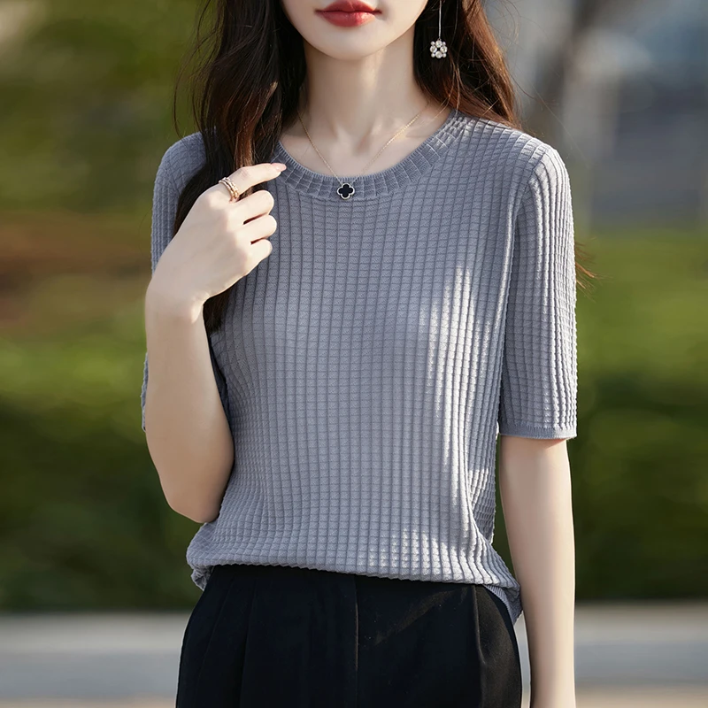 哥弟阿玛施正品夏季薄款设计感华夫格圆领女士短袖针织T恤衫上衣