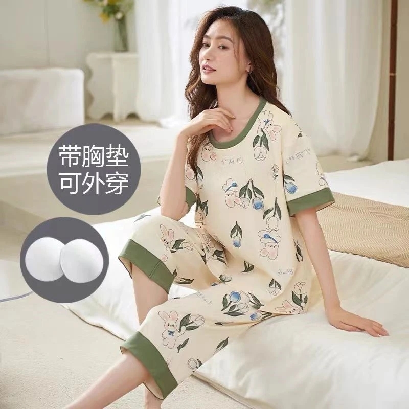 带胸垫睡衣女夏天短袖七分裤女士韩版宽松夏季圆领套装外出家居服