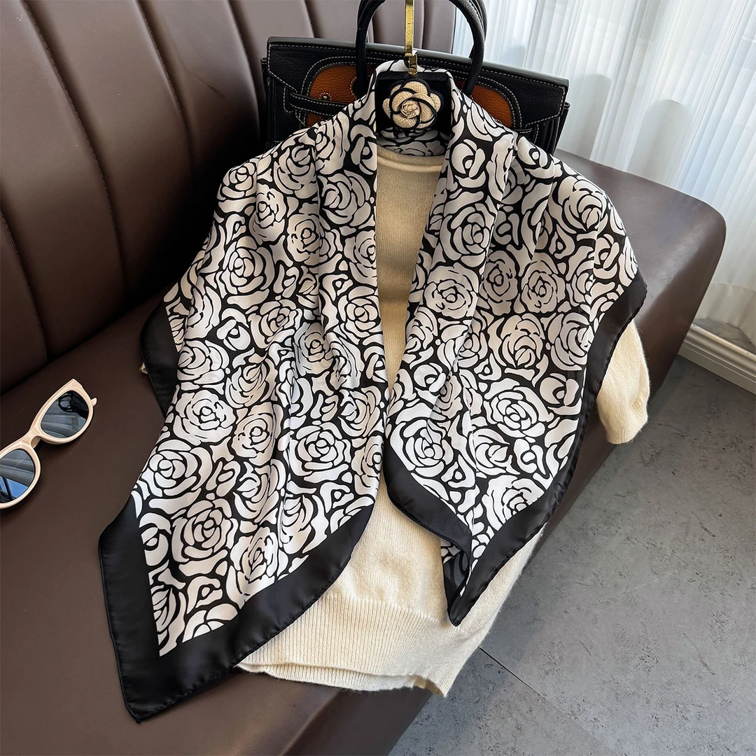 夏季丝巾氛围感山茶花印花大方巾气质百搭时尚围巾外搭沙滩巾洋气
