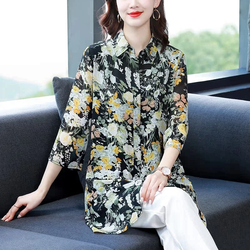 9249新款秋季女装大码宽松妈妈装秋季雪纺上衣衬衫夏