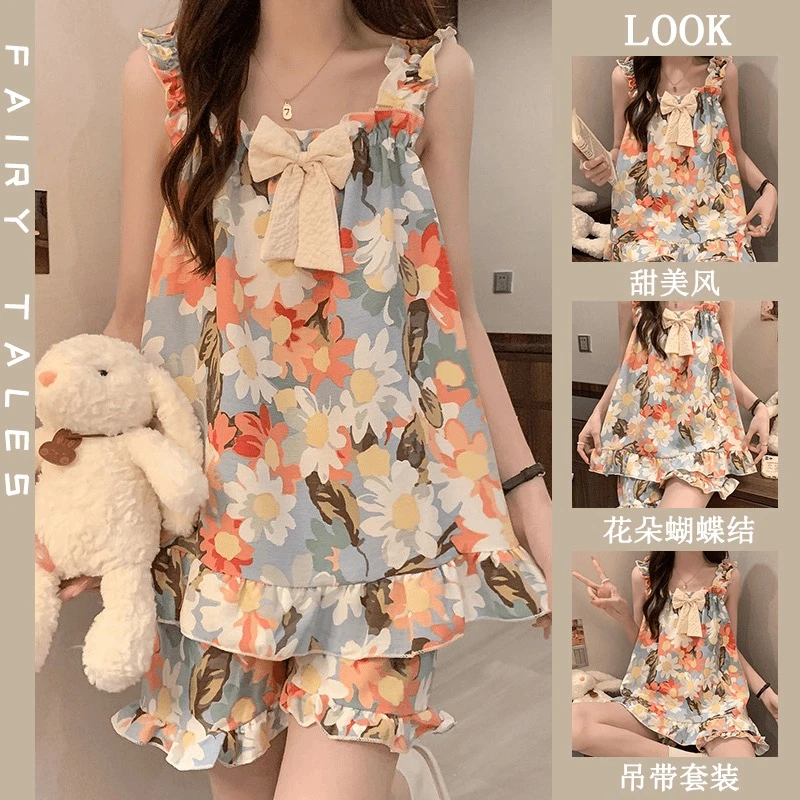 甜美吊带睡衣女夏季新款带胸垫蝴蝶结薄款宽松学生少女家居服套装