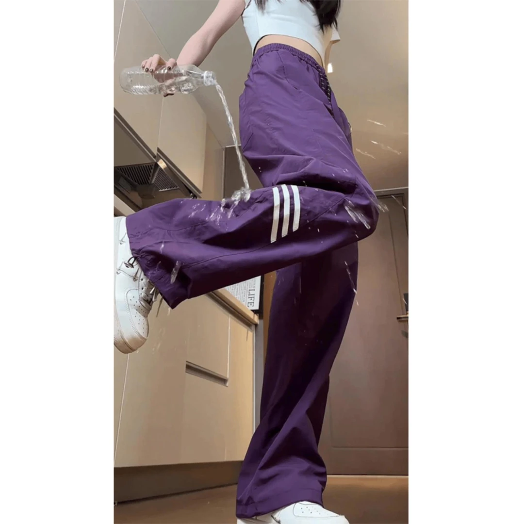 紫色冰丝速干裤女夏季薄款条纹运动裤子小个子户外防水登山冲锋裤