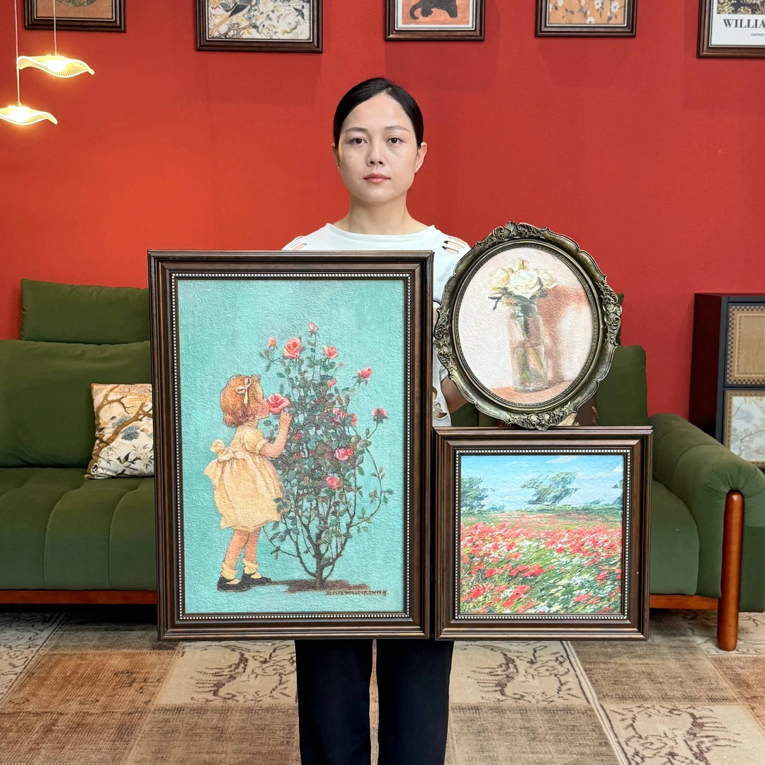 中古风客厅装饰画法式复古艺术玫瑰花女孩P006三联3570