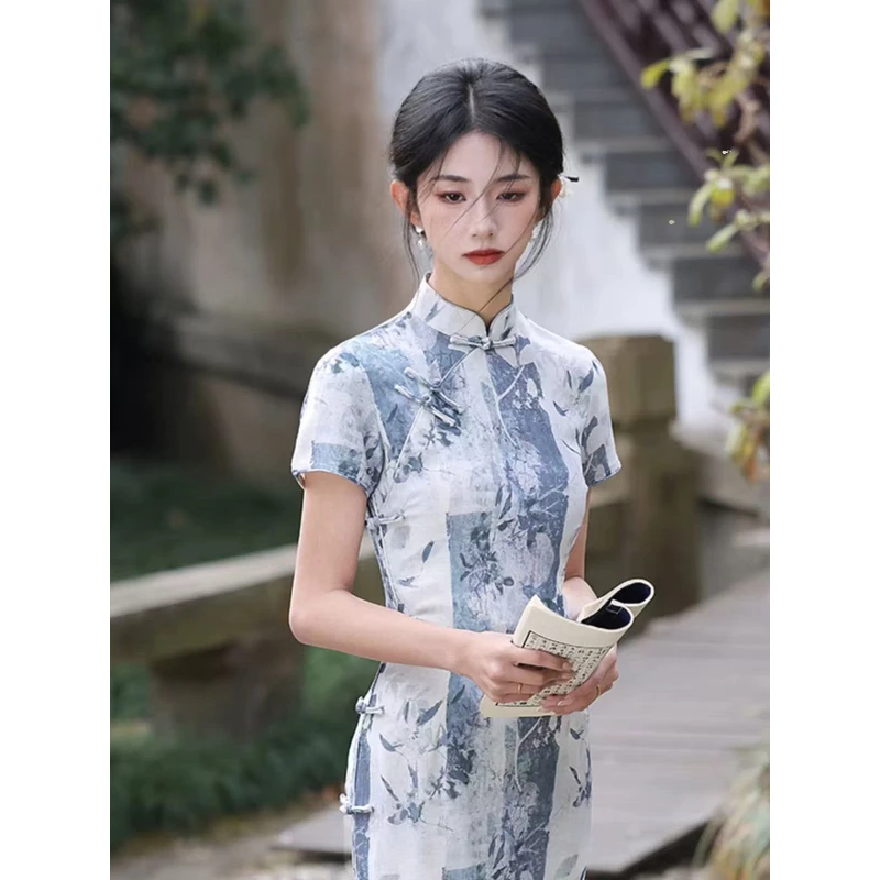 0536 【笔墨江南】 浅蓝色 布八扣 旗袍   颜色直播间为准