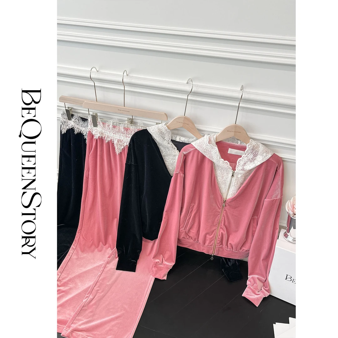 余潇潇【卢浮梦境】高贵时尚潮流百搭丝绒拼接蕾丝套装秋季