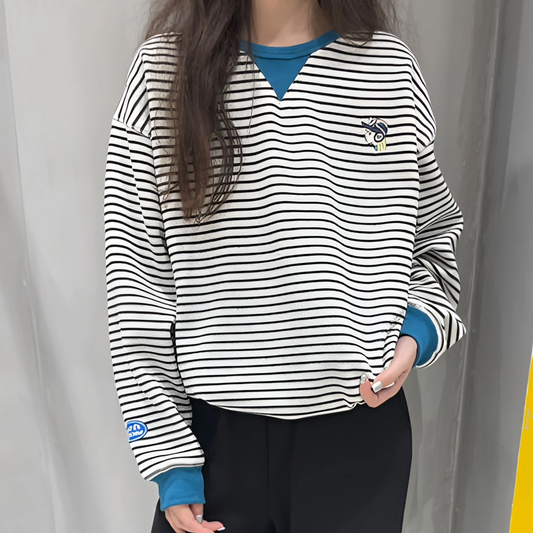 喜家外贸-A.D.Khal纸袋做旧洗水印花打底条纹长袖T恤0175