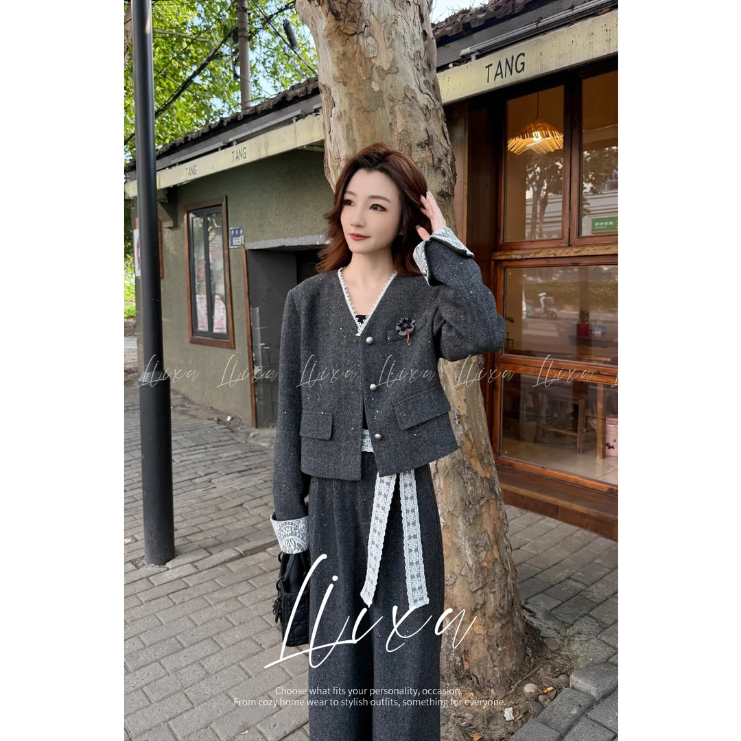 Liixu2025秋季深灰色气质西装套装无领外套阔腿裤三件套250863