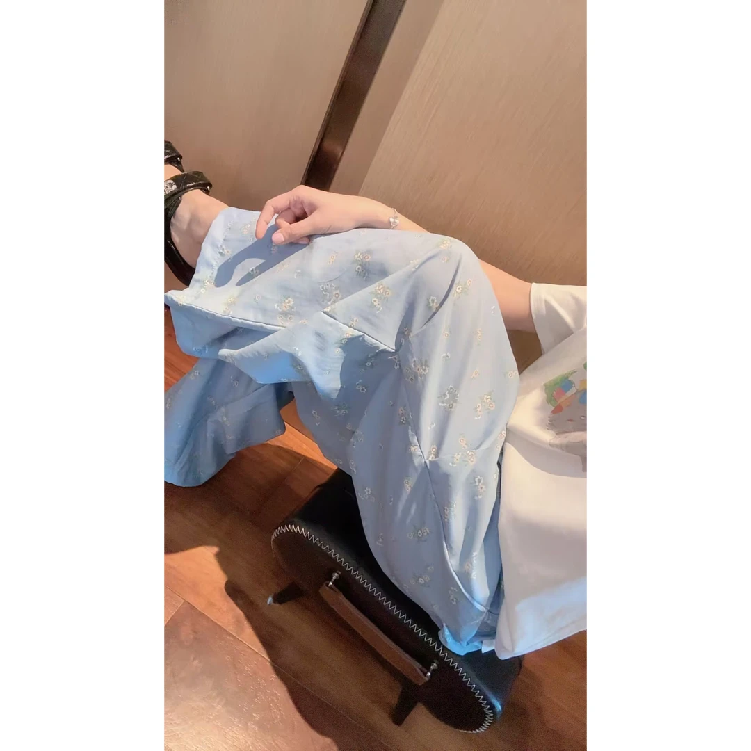 【张静芝】韩国新品~满身碎花洋气蓝色束脚显瘦工装休闲裤