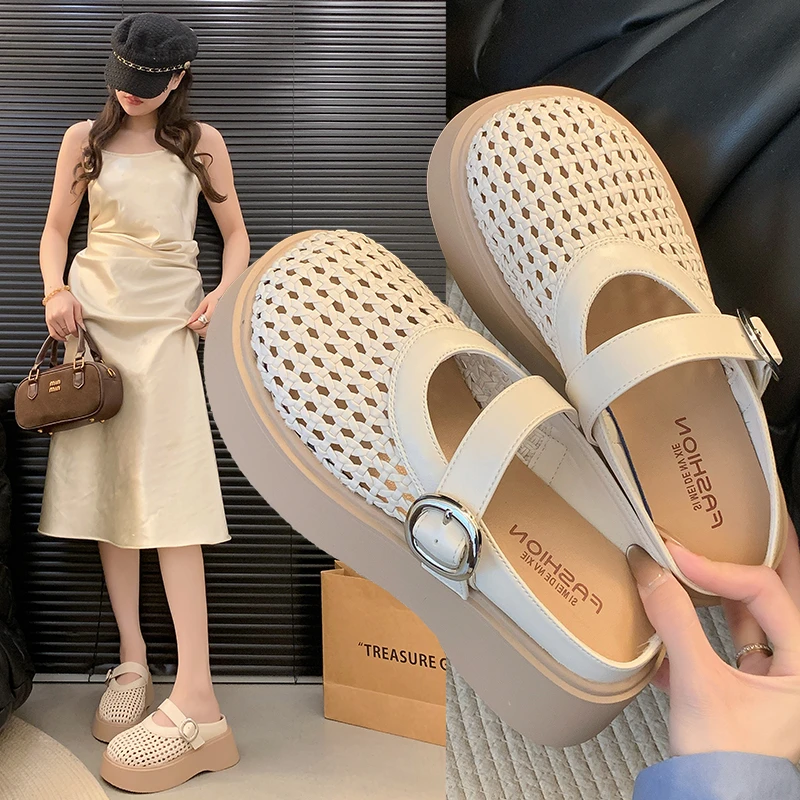 厚底编织包头拖鞋女2025年新款夏季时尚外穿一脚蹬镂空半拖鞋女鞋