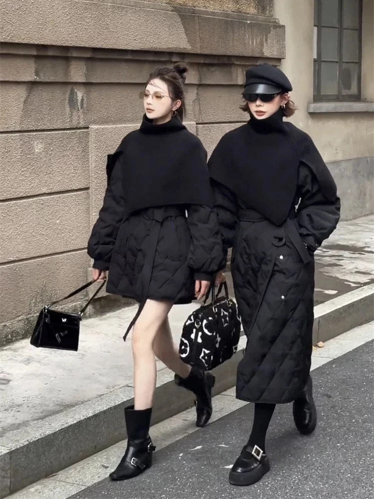 冬季韩系阔版轻熟风针织披肩绑带收腰保暖风衣长短棉服外套黑色