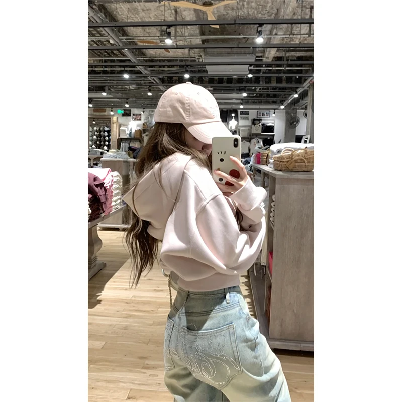 女生韩系ins衣服针织开衫早秋收腰短款连帽卫衣烫钻kt猫牛仔裤