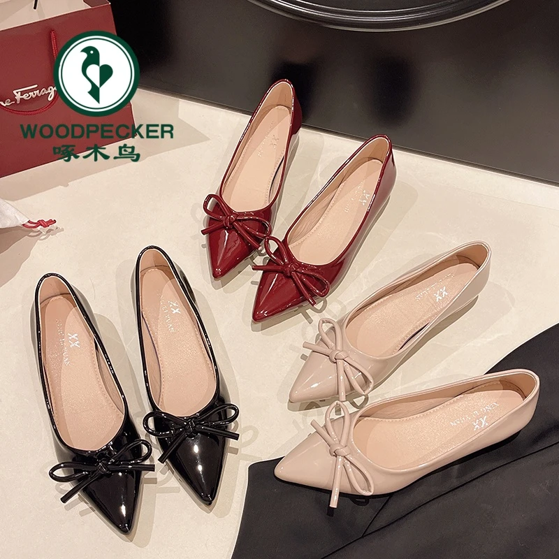 啄木鸟法式红色蝴蝶结尖头内增高单鞋女2025新款浅口女一脚蹬平底