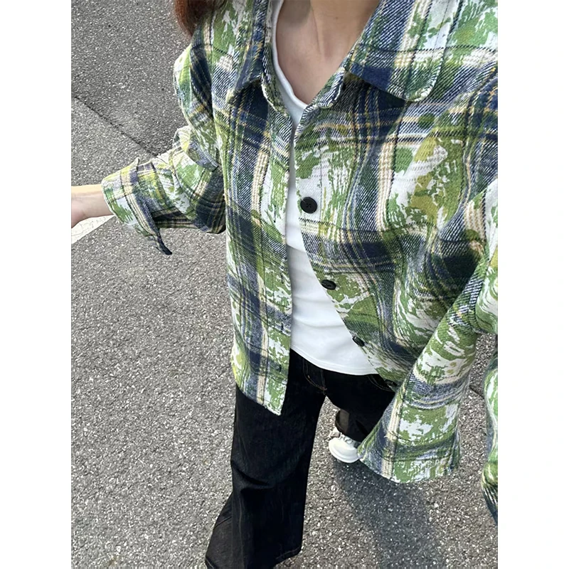 cleanfit扎染绿色格子衬衫男春秋款磨毛美式复古宽松衬衣情侣外套