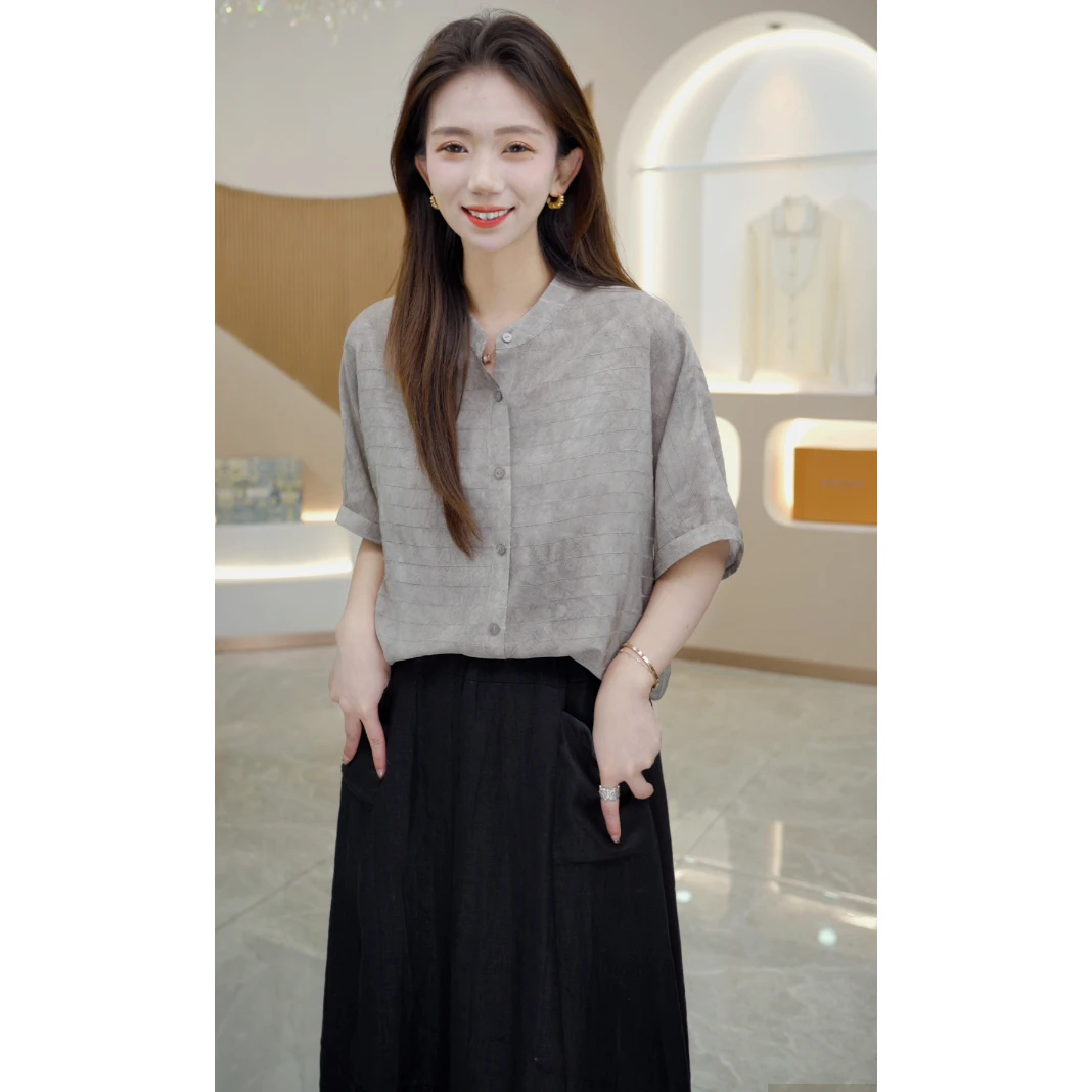 R H 【清风如影】定制色设计感小众休闲镂空条双绉衬衫S7003