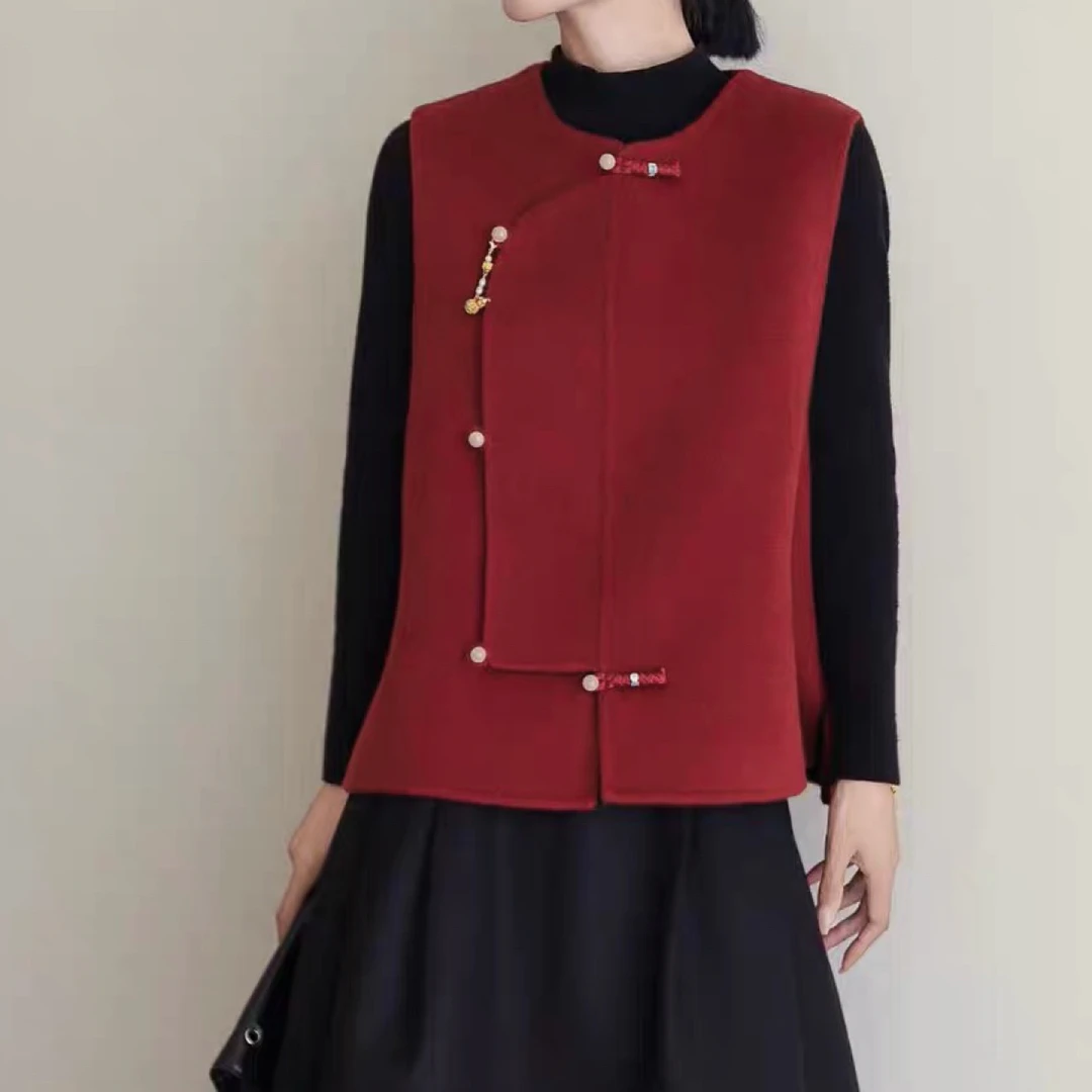 薇莎22389新中式小立领盘扣山羊绒双面羊毛国风马甲