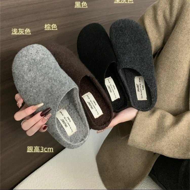 复古晚晚风灰色毛呢勃肯拖鞋女秋冬新款加绒保暖一脚蹬包头半拖