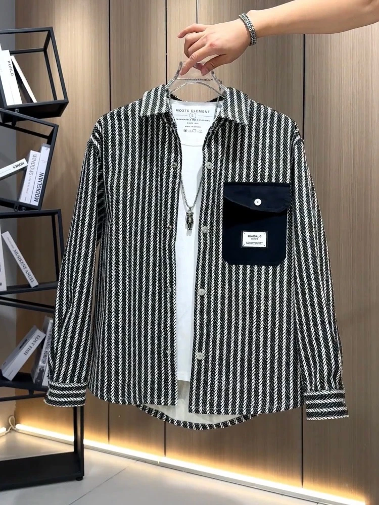 2025秋季男士翻领衬衫夹克外套时尚个性条纹百搭青年潮流休闲夹克