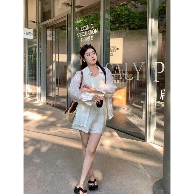 夏日相会/微胖mm夏季新款微透冰感休闲薄款衬衫短裤套装夏