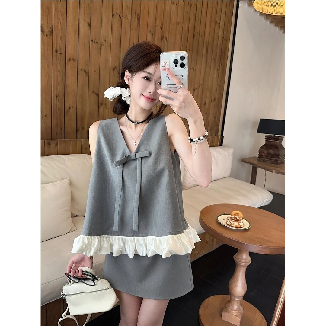 灰色结v领西装马甲背心女夏季时尚套装a字短裙半身裙子两件套
