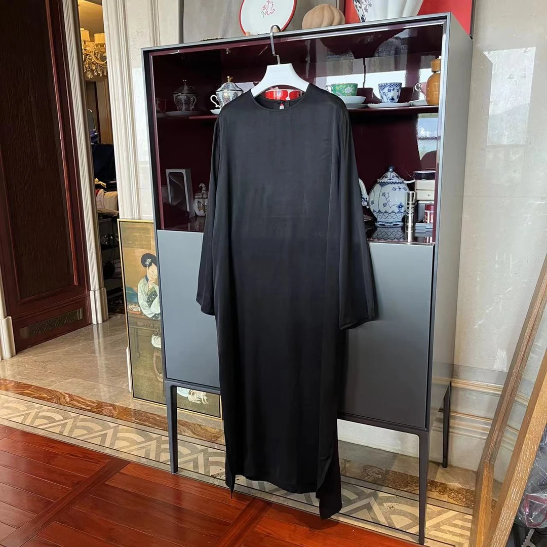 MYL 2024春季新铜氨丝黑色连衣裙长袖套头纯色休闲通勤长裙