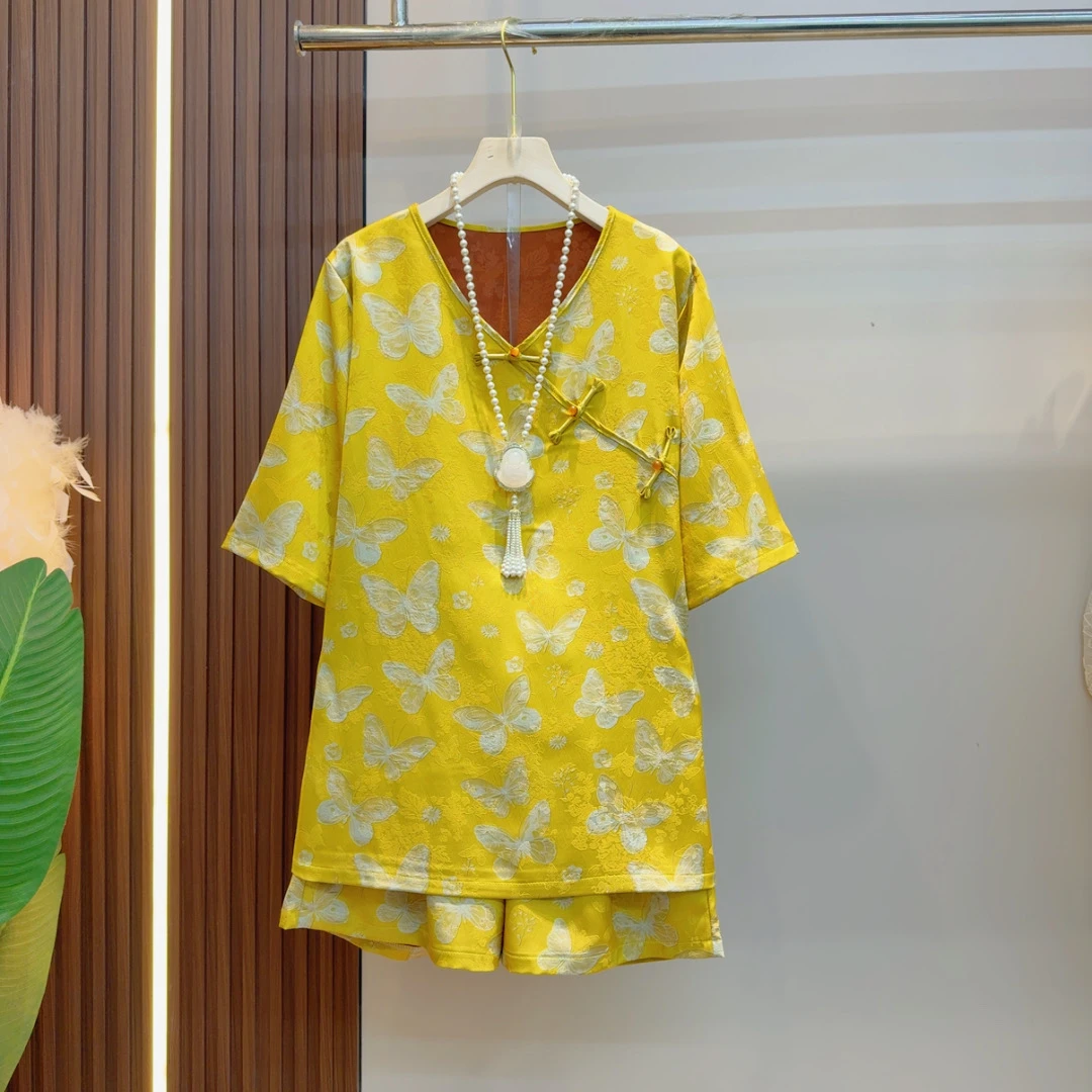 欧洲站2025夏季新款碎花衬衫短裤两件套女V领上衣娃娃衫通勤宽松