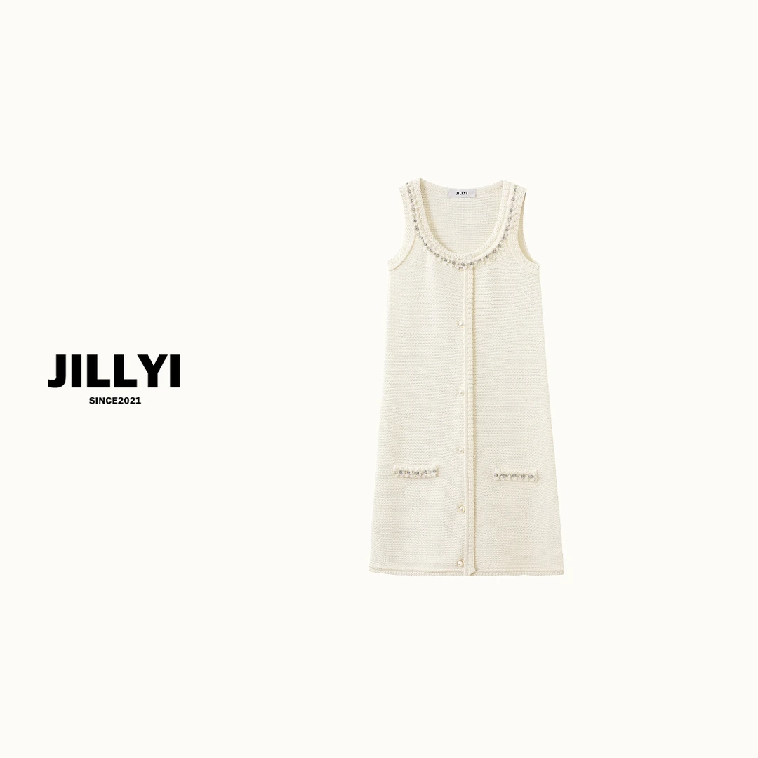 JILLYI南山店【奶油小姐】白色U型领手缝钻石轻奢百搭连衣裙纯色洋