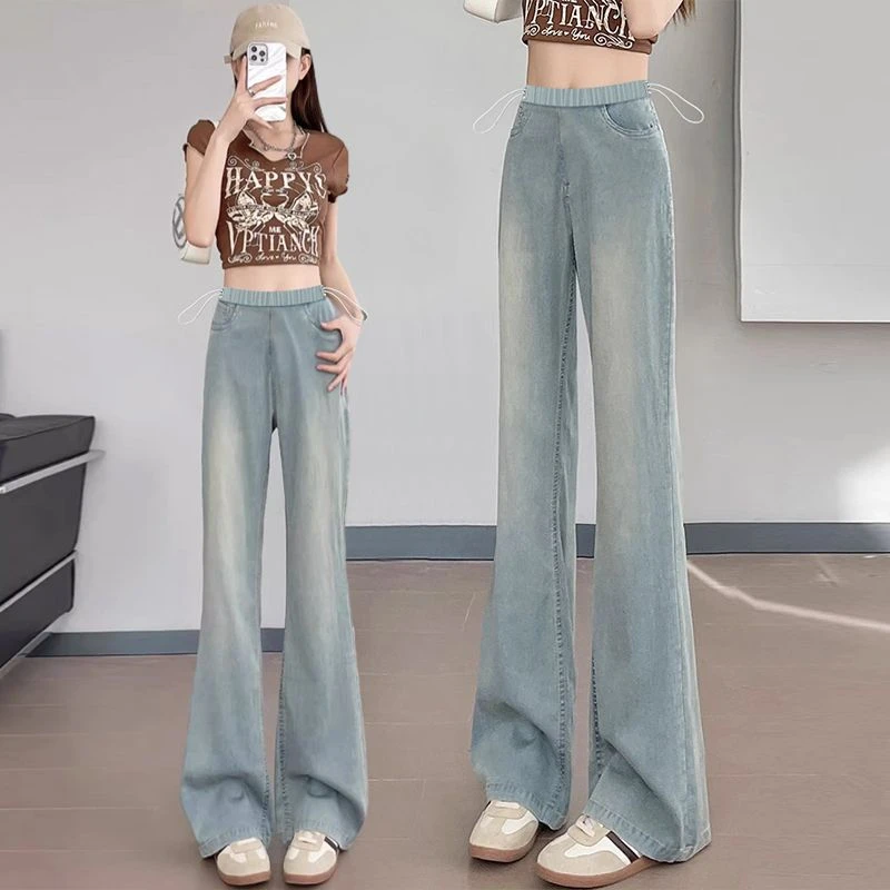 孕妇裤子夏季2025新款天丝牛仔微喇叭裤抽绳薄款显瘦拖地百搭长裤