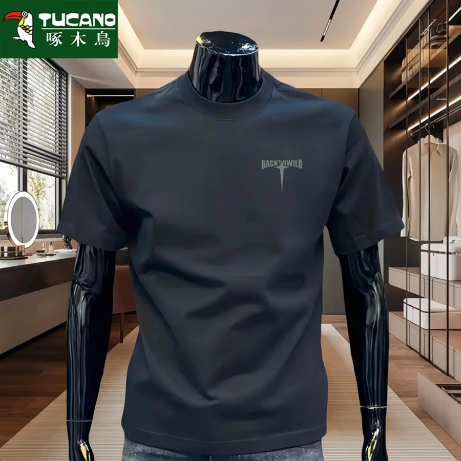 啄木鸟夏季男士纯棉短袖t恤男韩版潮流宽松圆领百搭印花全棉半袖