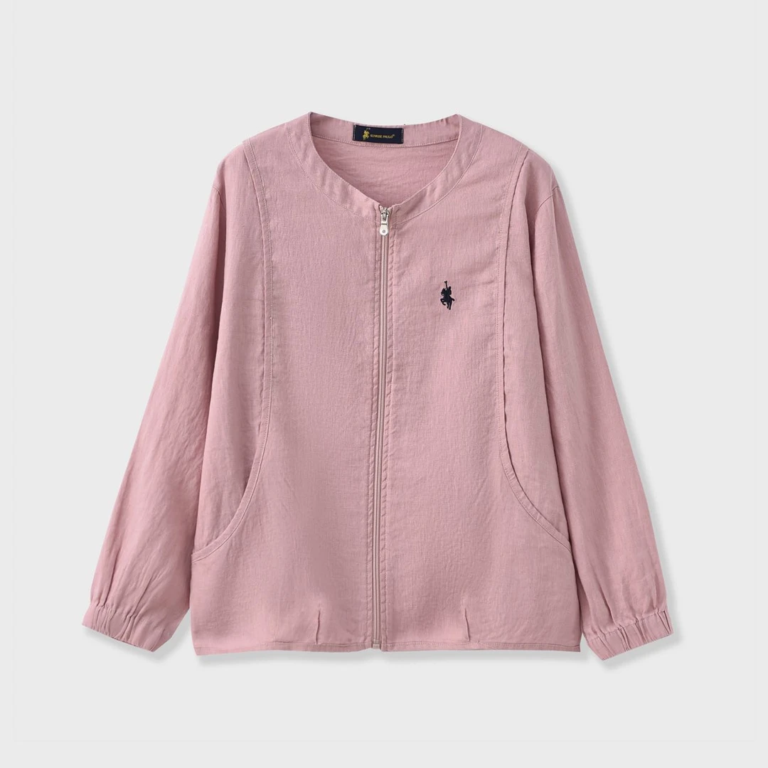 8740-天然全麻线条感圆领长袖拉链亚麻防晒外套