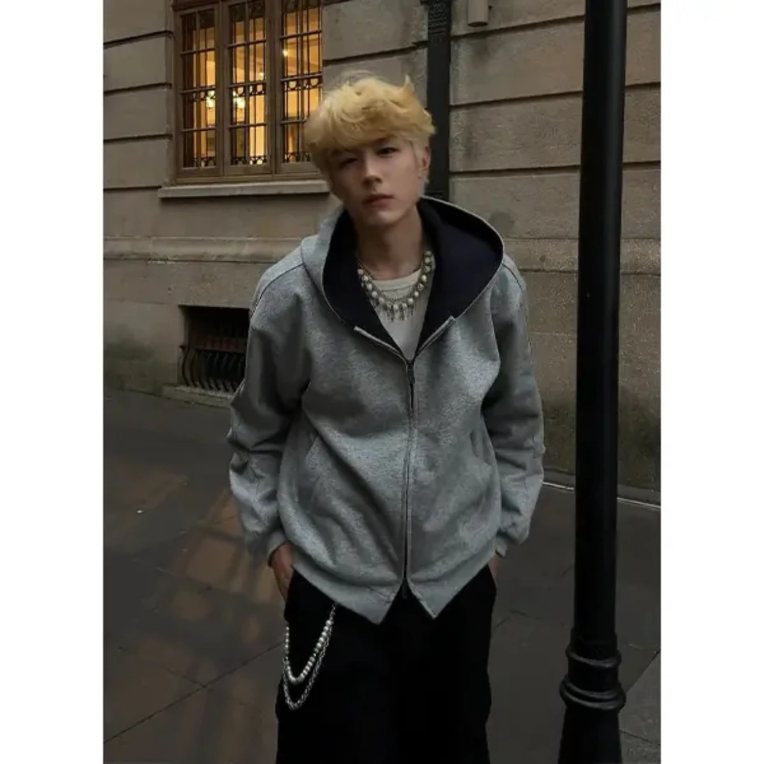 美式休闲拼色连帽外套男款秋冬季重磅卫衣宽松百搭双拉链开衫男士