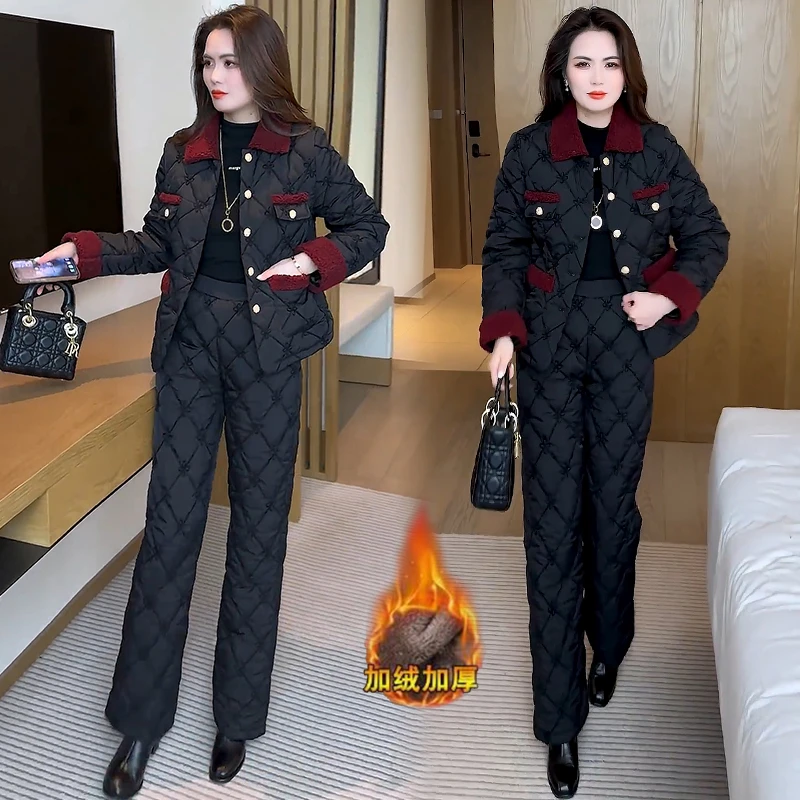 加绒加厚时尚套装女冬季新款洋气质小香风提花保暖棉服棉裤两件套