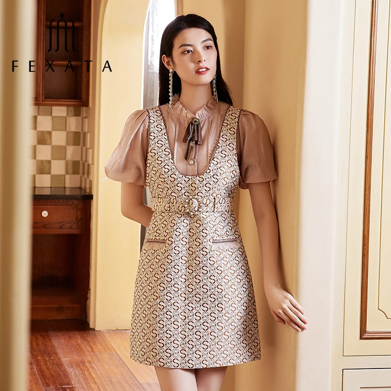 【高高来了】FEXATA聚酯纤维连衣裙高腰a字娃娃领复古织花短裙