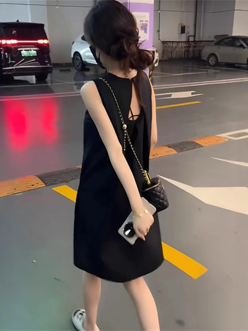 2025夏季新款高级感露背气质无袖A字裙欧货宽松时尚遮肚连衣裙女