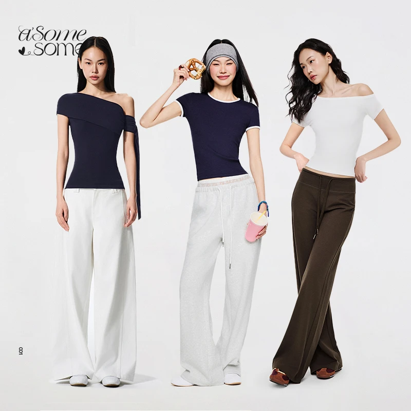 asomesome斜肩飘带T恤&斜肩短袖&露肩短袖&拼接短袖&前后两穿女装