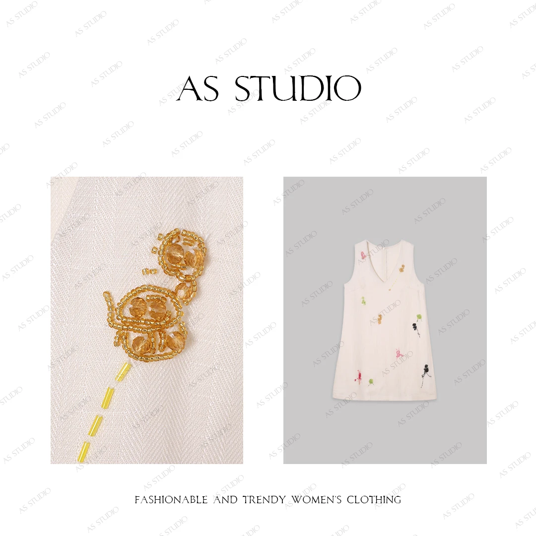 【AS异形花】25新时尚V领重工钉珠刺绣亚麻连衣裙AS25CQZ4473