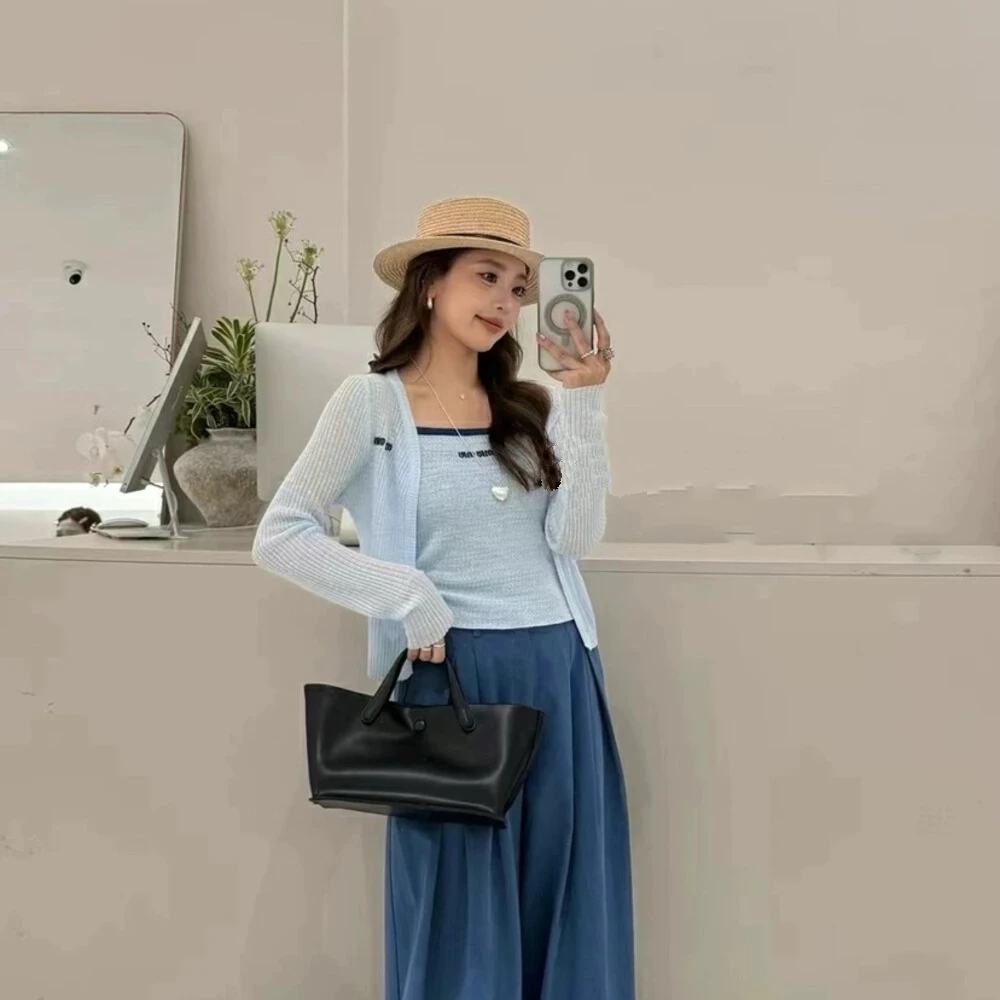 夏季新款时尚刺绣字母显瘦气质针织吊带背心防嗮开衫上衣两件套潮