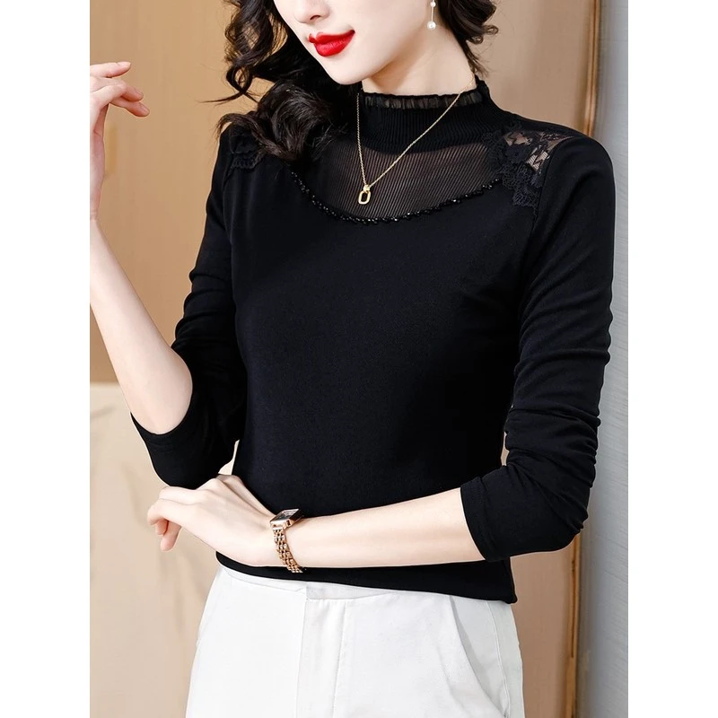 黑色蕾丝打底衫女长袖2025新款春秋内搭洋气小衫显瘦网纱T恤上衣
