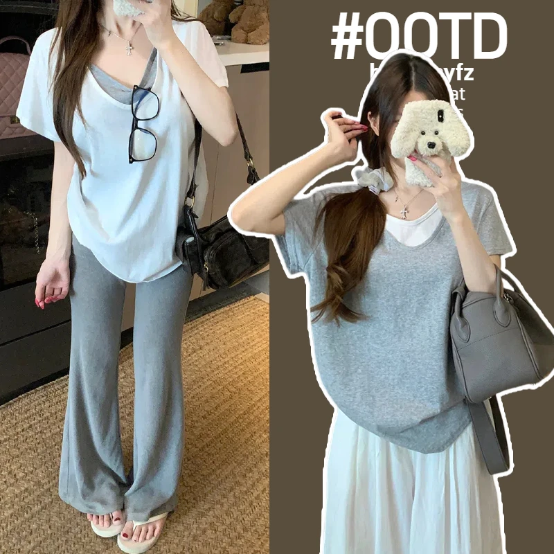 假两件不透~孕妇装V领T恤短袖夏季新款韩系纯色宽松遮肉孕妇上衣