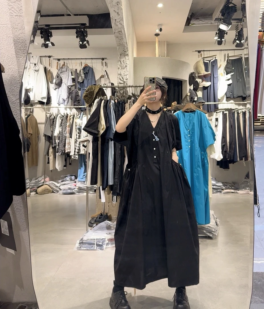 大7女装32258夏季韩版宽松大码胖mm慵懒风大口袋V领短袖连衣长裙