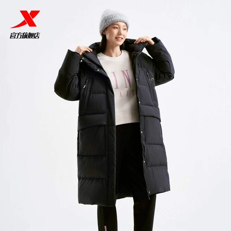 XTEP/特步中长款鸭绒保暖连帽羽绒服女冬季新款女子休闲运动外套