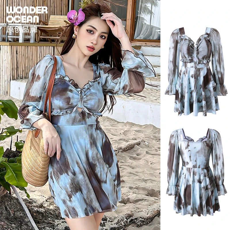 女款裙式连体泳衣长袖遮肉显瘦大码胖mm保守休闲度假温泉泳装游泳