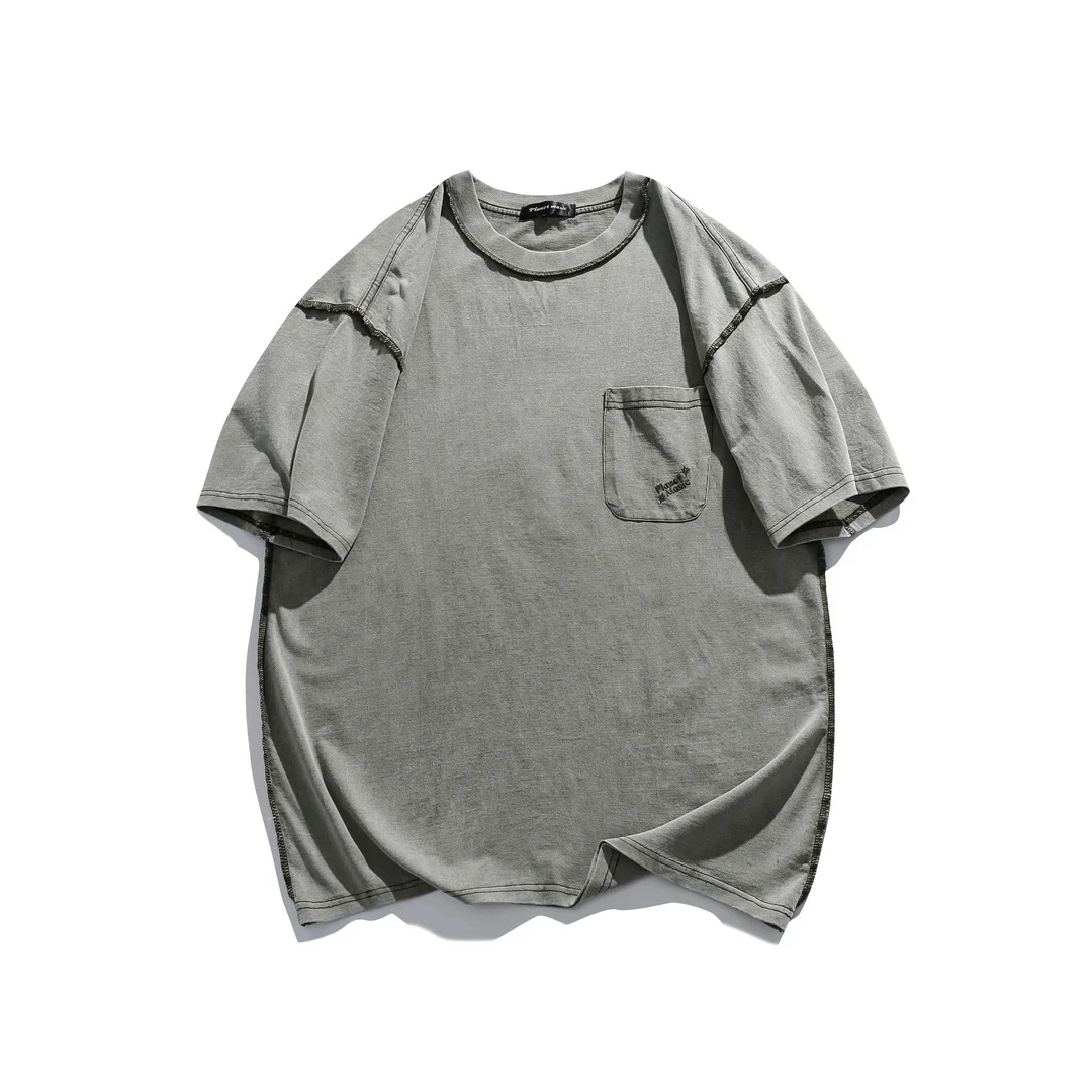 夏季新款日系水洗做旧宽松口袋刺绣短袖T恤情侣-0242