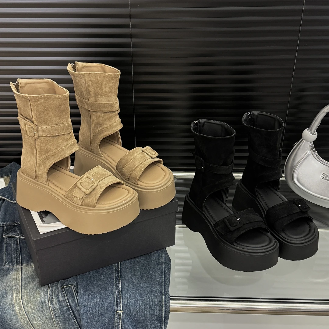 Damsel-厚底罗马凉靴女2025新款夏季时尚露趾高帮凉鞋小个子短靴