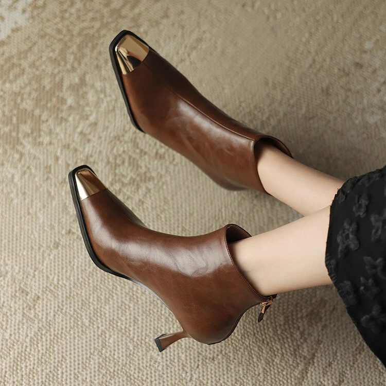 7cm~真皮法式气质高跟短靴女2025秋冬新款金属头细跟方头时装短靴