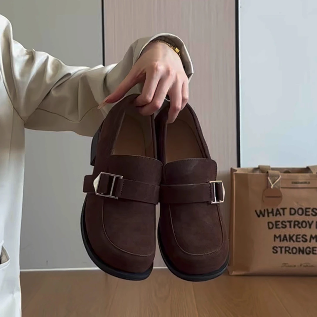 牛皮版~复古绒面圆头粗跟小皮鞋女学院风高跟乐福鞋新款浅口单鞋