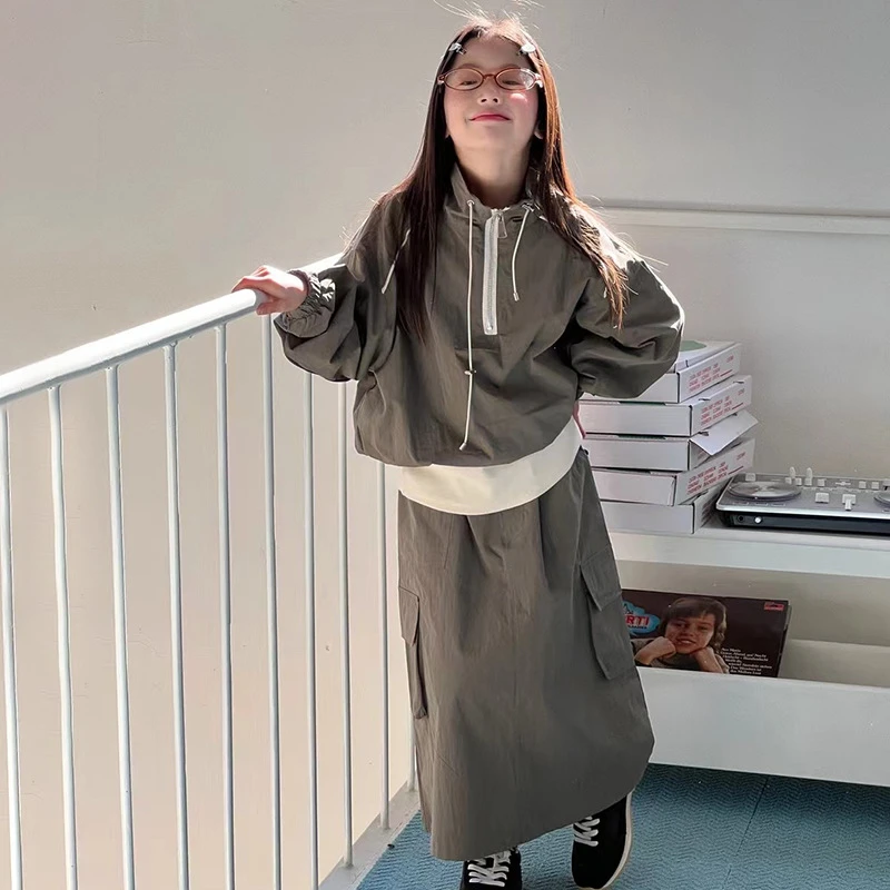 Z-MZL005韩版抽绳假两件半拉链外套女童春季新款工装风抽绳半身裙